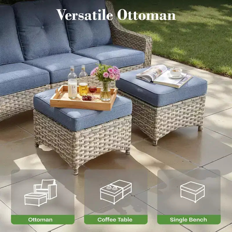HOMLUX Set da conversazione da patio in vimini da 6 pezzi con divano a 3 posti con cuscino, sedie in rattan, poggiapiedi, tavolino da caffè