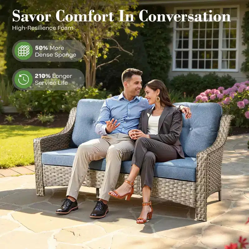 HOMLUX Set da conversazione da patio in vimini da 6 pezzi con divano a 3 posti con cuscino, sedie in rattan, poggiapiedi, tavolino da caffè