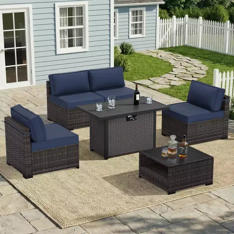 Set da Patio UPTIOT da 6 Pezzi: 4 Sedie Laterali, Tavolo con Braciere Grigio e Tavolino da Caffè in Vetro Temperato per Eleganti Ritrovi all'Aperto