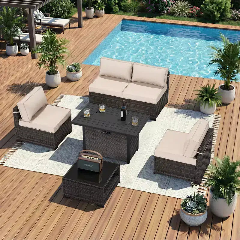 Set da Patio UPTIOT da 6 Pezzi: 4 Sedie Laterali, Tavolo con Braciere Grigio e Tavolino da Caffè in Vetro Temperato per Eleganti Ritrovi all'Aperto
