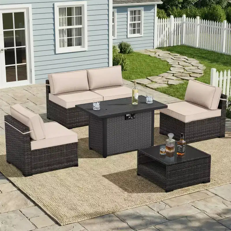 Set da Patio UPTIOT da 6 Pezzi: 4 Sedie Laterali, Tavolo con Braciere Grigio e Tavolino da Caffè in Vetro Temperato per Eleganti Ritrovi all'Aperto