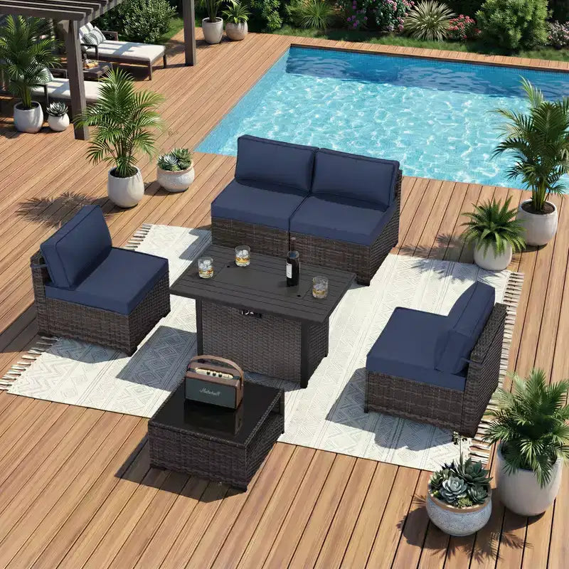 Set da Patio UPTIOT da 6 Pezzi: 4 Sedie Laterali, Tavolo con Braciere Grigio e Tavolino da Caffè in Vetro Temperato per Eleganti Ritrovi all'Aperto