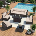 Set divano da esterno premium UPTIOT con chaise longue angolari, poltrone d'accento e tavolo braciere convertibile marrone per il massimo comfort in patio
