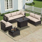 Set divano da esterno premium UPTIOT con chaise longue angolari, poltrone d'accento e tavolo braciere convertibile marrone per il massimo comfort in patio