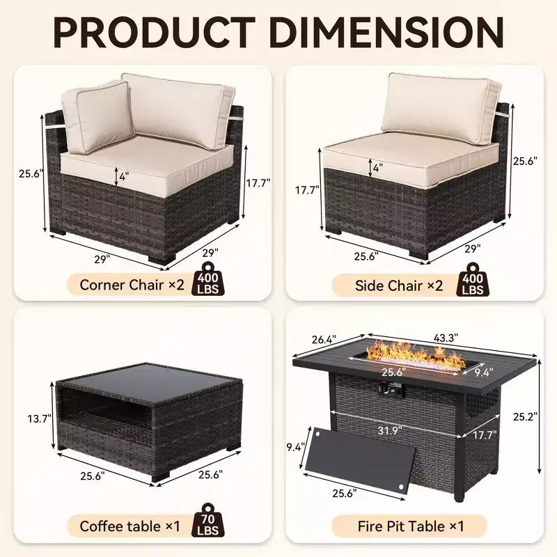 Set divano da esterno premium UPTIOT con chaise longue angolari, poltrone d'accento e tavolo braciere convertibile marrone per il massimo comfort in patio