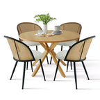 Moderno set da pranzo per 4, tavolo su piedistallo salvaspazio con sedie imbottite in boucle, schienale in rattan a rete, uso appartamento-Panipeachy