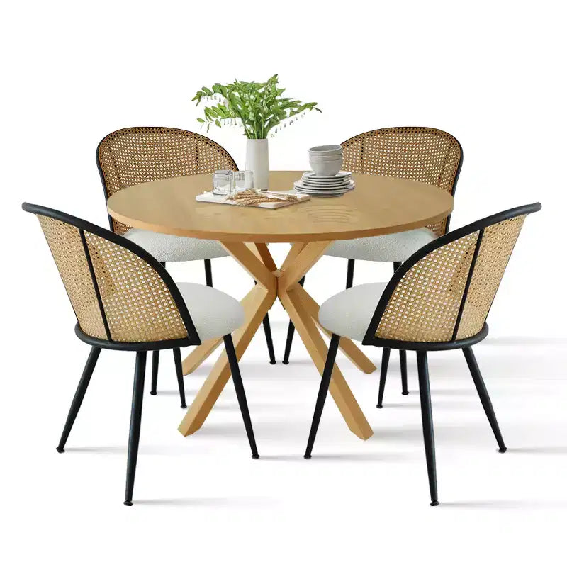 Moderno set da pranzo per 4, tavolo su piedistallo salvaspazio con sedie imbottite in boucle, schienale in rattan a rete, uso appartamento-Panipeachy
