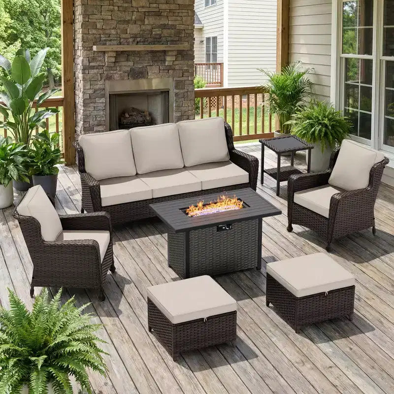 UPTIOT Outdoor Set: 3-Seat Sofa, Wicker Chairs, Fire Pit Table & Side Table