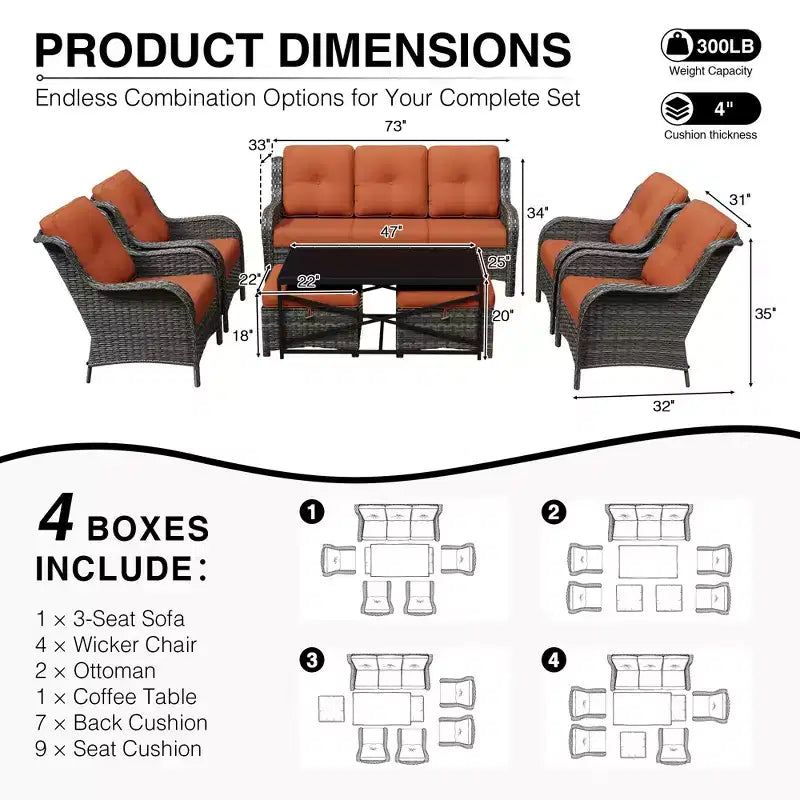Set divano da esterno per tutte le stagioni UPTIOT con pouf convertibile e tavolino da caffè