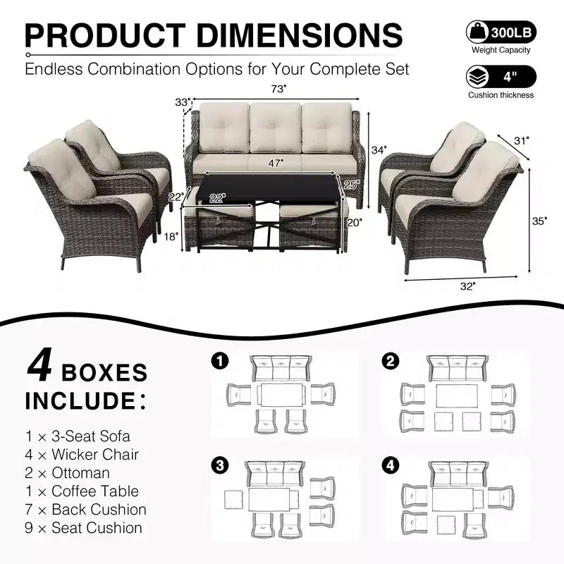Set divano da esterno per tutte le stagioni UPTIOT con pouf convertibile e tavolino da caffè