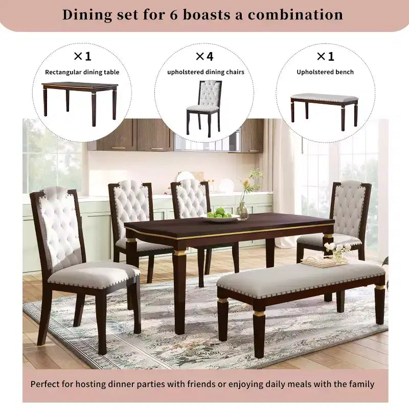 Set da pranzo GDFStudio Mathis da 6 pezzi con tavolo rettangolare da 60", 4 sedie imbottite con schienale alto e 1 panca