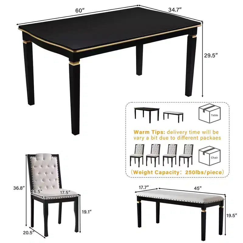 Set da pranzo GDFStudio Mathis da 6 pezzi con tavolo rettangolare da 60", 4 sedie imbottite con schienale alto e 1 panca