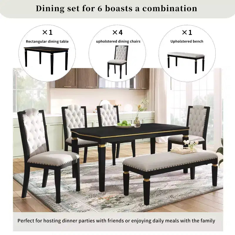 Set da pranzo GDFStudio Mathis da 6 pezzi con tavolo rettangolare da 60", 4 sedie imbottite con schienale alto e 1 panca
