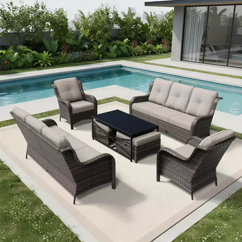 Set Divano Premium da Esterno UPTIOT con Sedie in Vimini, Pouf e Tavolino da Caffè