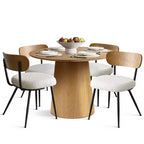 Set da pranzo rotondo da 5 pezzi, tavolo con piedistallo da 42" in rovere con 4 sedie imbottite in bouclé, schienali in legno di frassino e gambe in metallo - Panipeachy