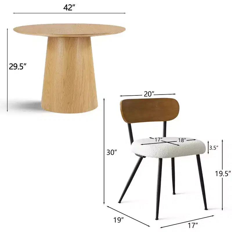 Set da pranzo rotondo da 5 pezzi, tavolo con piedistallo da 42" in rovere con 4 sedie imbottite in bouclé, schienali in legno di frassino e gambe in metallo - Panipeachy