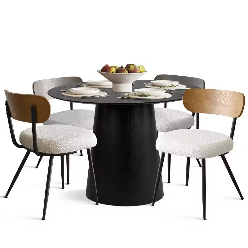 Set da pranzo rotondo da 5 pezzi, tavolo con piedistallo da 42" in rovere con 4 sedie imbottite in bouclé, schienali in legno di frassino e gambe in metallo - Panipeachy