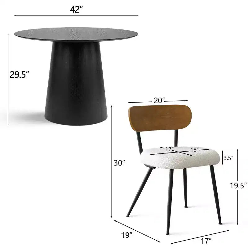 Set da pranzo rotondo da 5 pezzi, tavolo con piedistallo da 42" in rovere con 4 sedie imbottite in bouclé, schienali in legno di frassino e gambe in metallo - Panipeachy