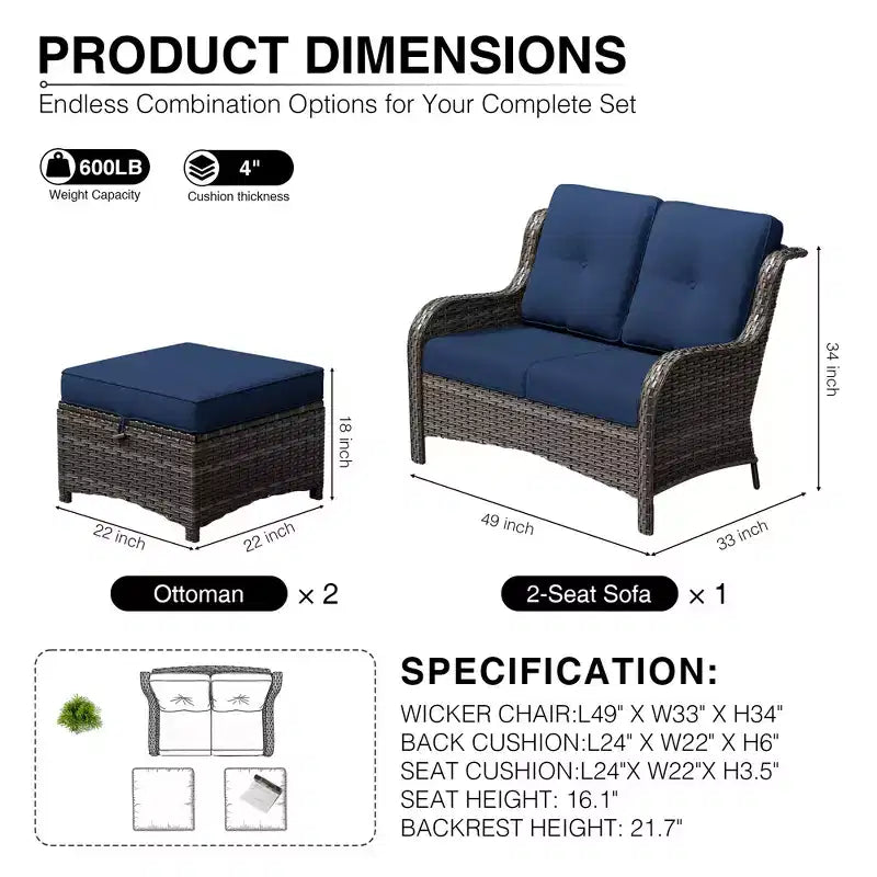 Set divano da esterno 2 posti in vimini UPTIOT con doppi pouf multifunzione
