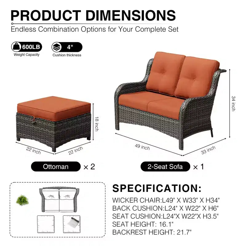 Set divano da esterno 2 posti in vimini UPTIOT con doppi pouf multifunzione