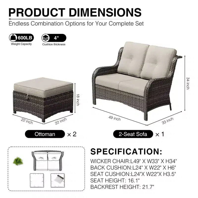 Set divano da esterno 2 posti in vimini UPTIOT con doppi pouf multifunzione