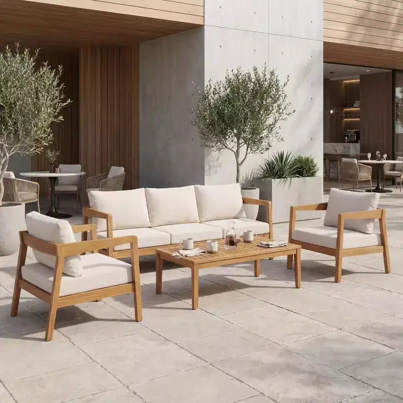 Christopher Knight Home Phachara Set da 4 Pezzi da Patio Moderno in Legno di Acacia con Cuscini e Tavolo a Doghe