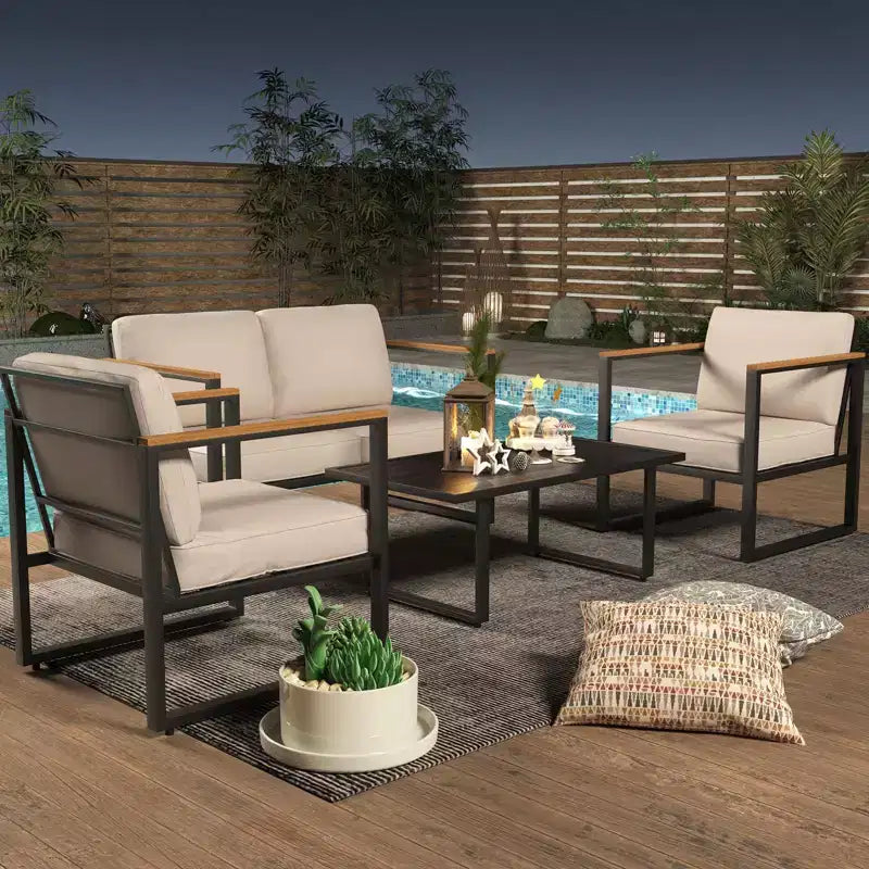 Set di mobili da giardino a 4 pezzi - Set da conversazione per esterni con 2 sedie e tavolino, cuscini beige per piscina, giardino e balcone