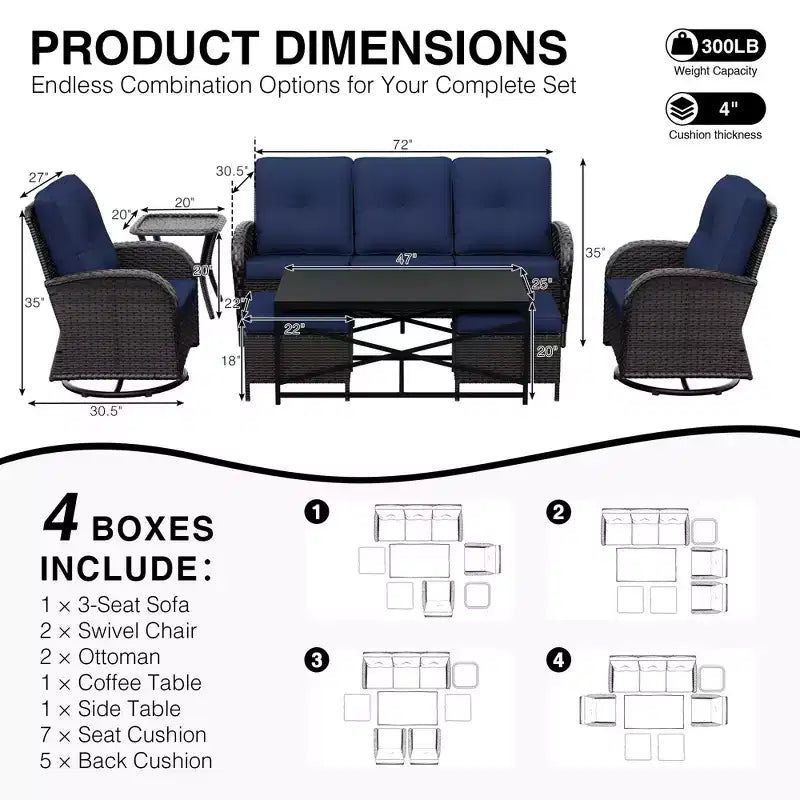 Set da esterno UPTIOT 7 pezzi con divano a 3 posti, due sedie girevoli, pouf, tavolino da caffè e tavolino laterale