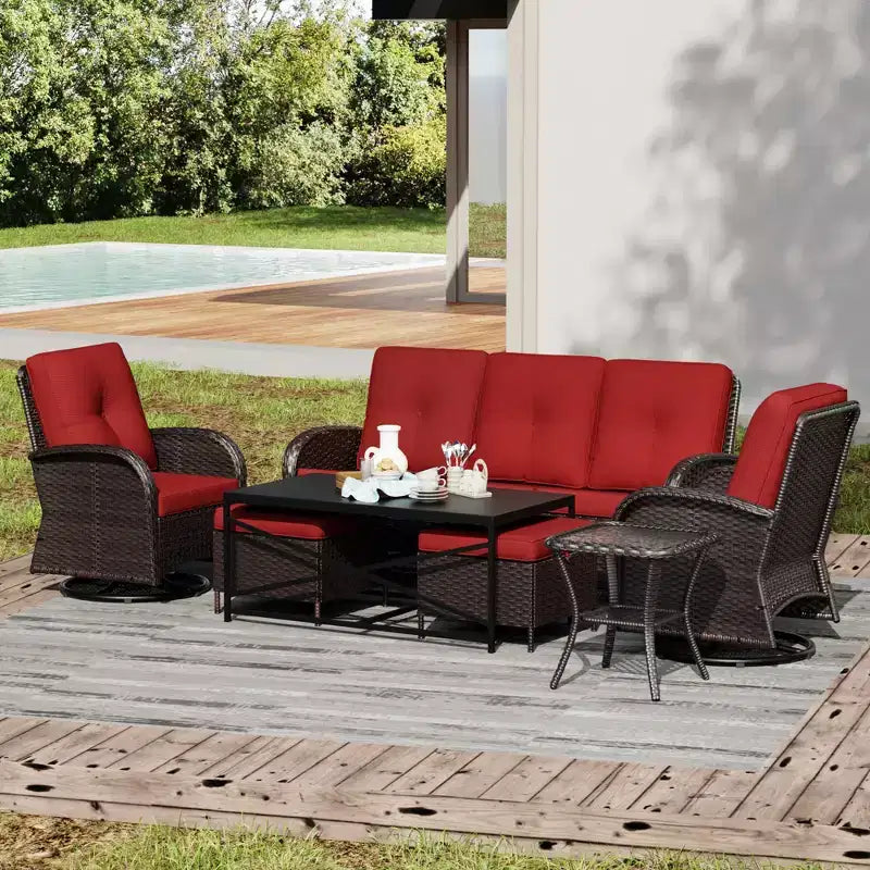 Set da esterno UPTIOT 7 pezzi con divano a 3 posti, due sedie girevoli, pouf, tavolino da caffè e tavolino laterale