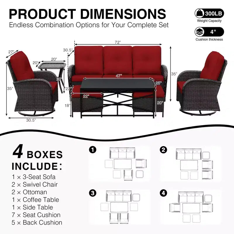 Set da esterno UPTIOT 7 pezzi con divano a 3 posti, due sedie girevoli, pouf, tavolino da caffè e tavolino laterale