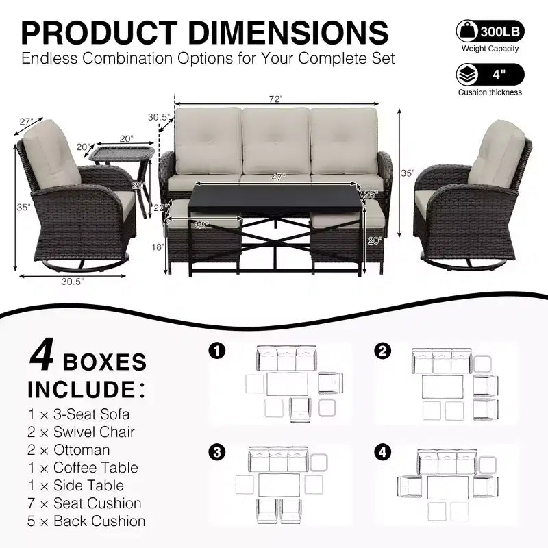 Set da esterno UPTIOT 7 pezzi con divano a 3 posti, due sedie girevoli, pouf, tavolino da caffè e tavolino laterale
