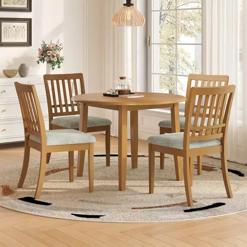 Set tavolo da pranzo rotondo da 5 pezzi GDFStudio Turner con 1 tavolo da pranzo pieghevole in legno e 4 sedie imbottite