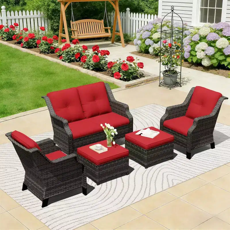 Set da salotto da esterno UPTIOT con divanetto, sedie e pouf