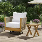 Sedia girevole da patio moderna Christopher Knight Home Stellan in legno di acacia e corda con tavolino a doghe
