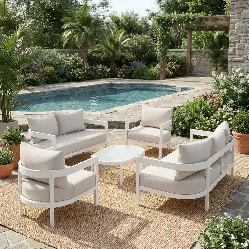Christopher Knight Home Althea, Set Conversazione da Esterni Curvo Moderno a 5 Pezzi in Alluminio con Tavolino da Caffè in Vetro
