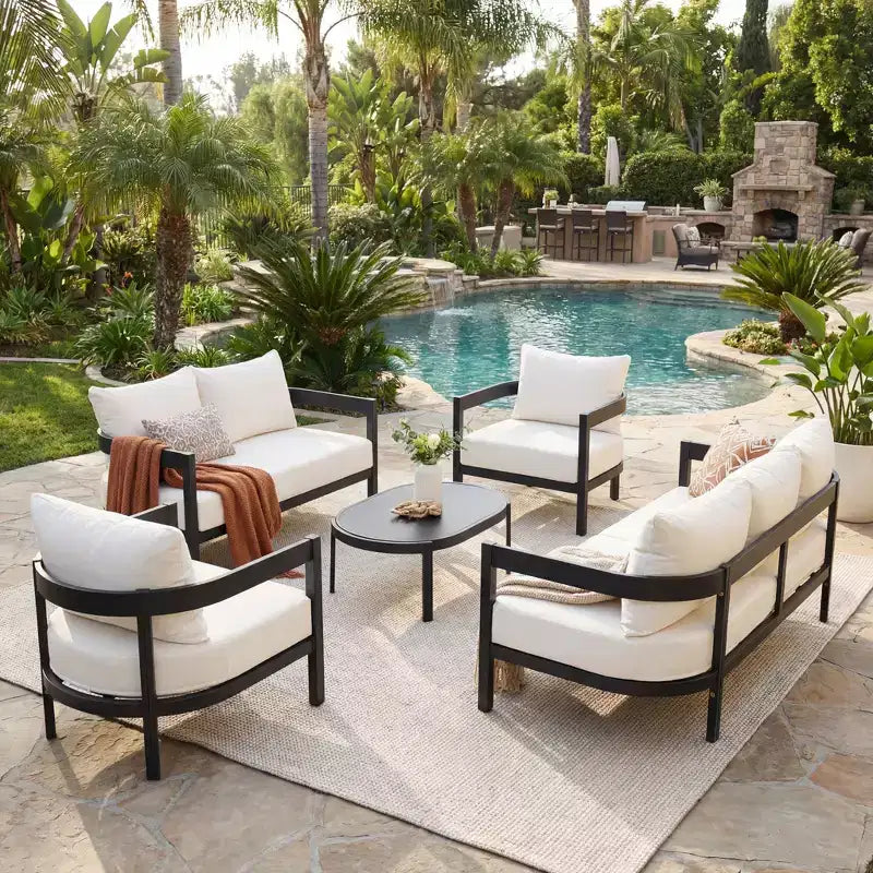 Christopher Knight Home Althea 5 Piece Modern Outdoor Curved Aluminum Conversation Set with Glass Coffee Table