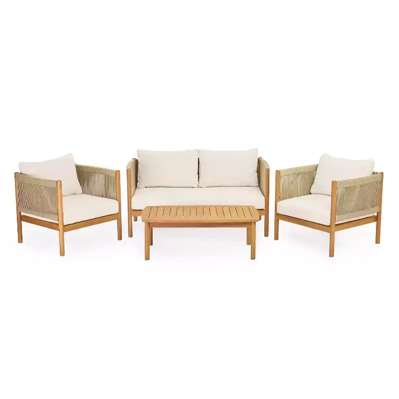 Set da salotto da esterno 4 pezzi Christopher Knight Home Elvis in legno di acacia moderno con pannelli in corda intrecciata e cuscini