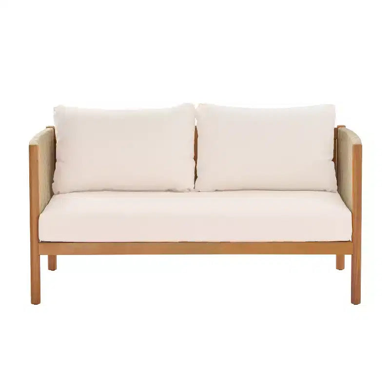 Set da salotto da esterno 4 pezzi Christopher Knight Home Elvis in legno di acacia moderno con pannelli in corda intrecciata e cuscini