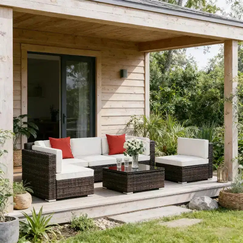 GDFStudio Paige Set Divano da Esterno 6 Pezzi con Pouf e Tavolino da Caffè in Vetro Temperato