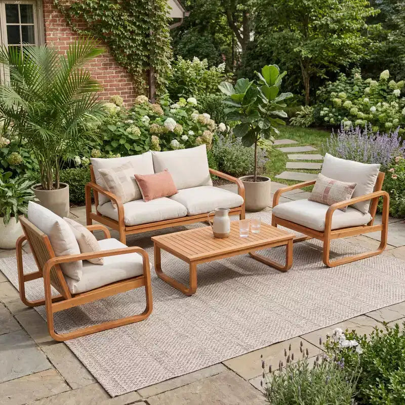 Set da giardino moderno a 4 pezzi Thao di Christopher Knight Home in legno di acacia con cuscini e tavolino a doghe