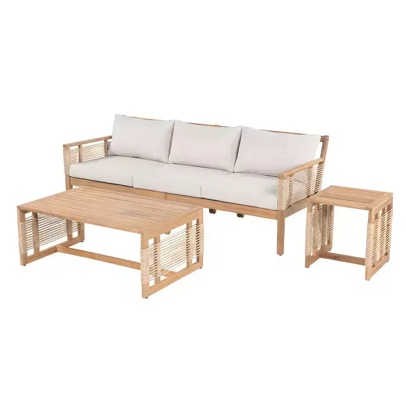 Set divano da conversazione per esterni ModernLuxe, set di mobili da patio in legno di acacia, divano a 3 posti e poltrone con 2 tavolini da caffè, teak