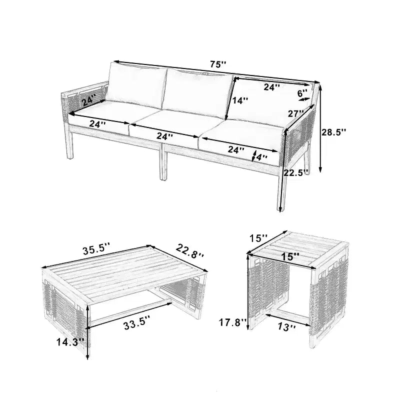 Set divano da conversazione per esterni ModernLuxe, set di mobili da patio in legno di acacia, divano a 3 posti e poltrone con 2 tavolini da caffè, teak