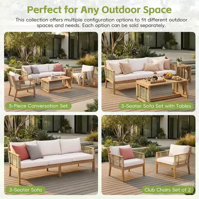 Set divano da conversazione per esterni ModernLuxe, set di mobili da patio in legno di acacia, divano a 3 posti e poltrone con 2 tavolini da caffè, teak