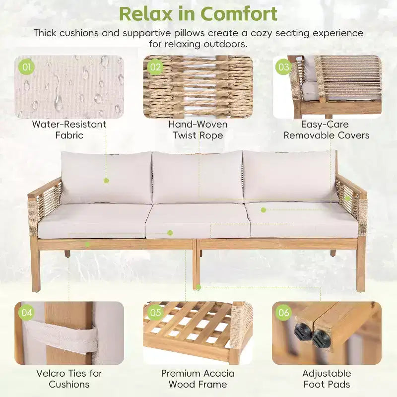Set divano da conversazione per esterni ModernLuxe, set di mobili da patio in legno di acacia, divano a 3 posti e poltrone con 2 tavolini da caffè, teak