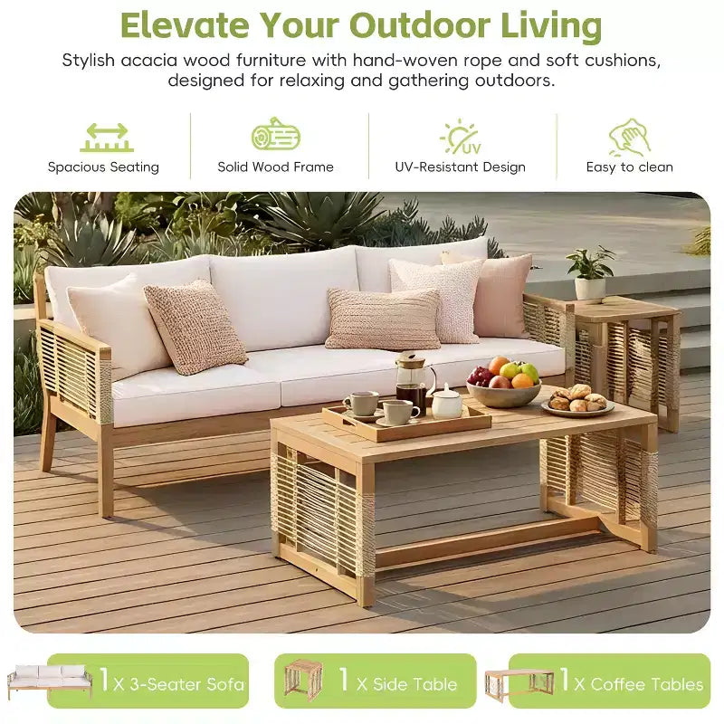 Set divano da conversazione per esterni ModernLuxe, set di mobili da patio in legno di acacia, divano a 3 posti e poltrone con 2 tavolini da caffè, teak
