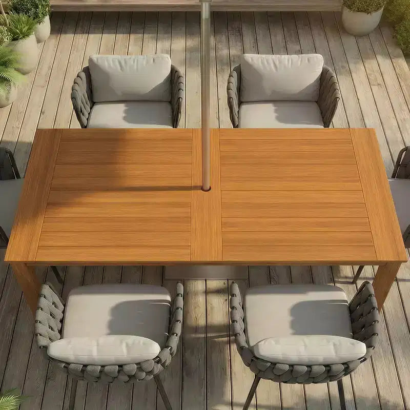Set da pranzo da esterno Famapy in HDPE effetto legno di teak naturale, tavolo da patio resistente agli agenti atmosferici con foro per ombrellone, set da giardino e patio