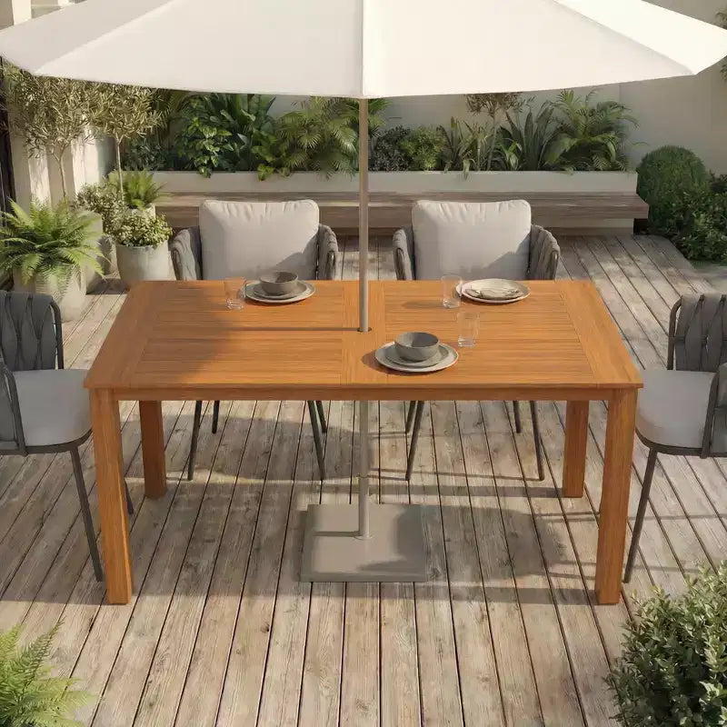 Set da pranzo da esterno Famapy in HDPE effetto legno di teak naturale, tavolo da patio resistente agli agenti atmosferici con foro per ombrellone, set da giardino e patio
