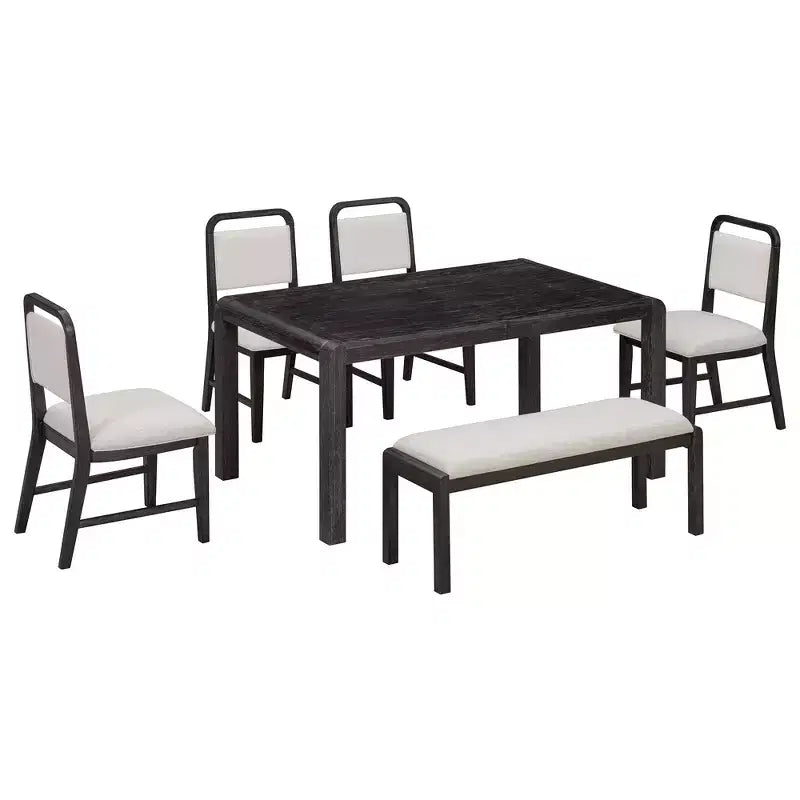 Set tavolo da pranzo vintage allungabile per 6 persone con 4 sedie imbottite e panca, set da cucina rustico spazzolato con design curvo