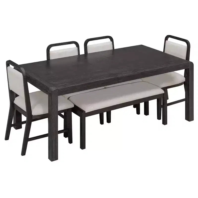 Set tavolo da pranzo vintage allungabile per 6 persone con 4 sedie imbottite e panca, set da cucina rustico spazzolato con design curvo