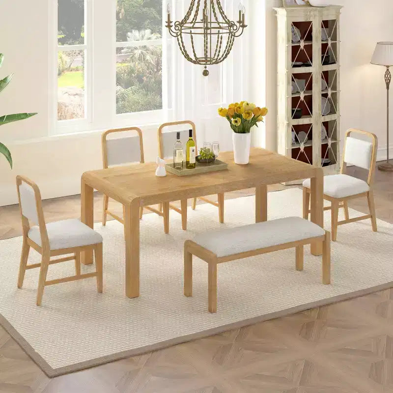 Set tavolo da pranzo vintage allungabile per 6 persone con 4 sedie imbottite e panca, set da cucina rustico spazzolato con design curvo